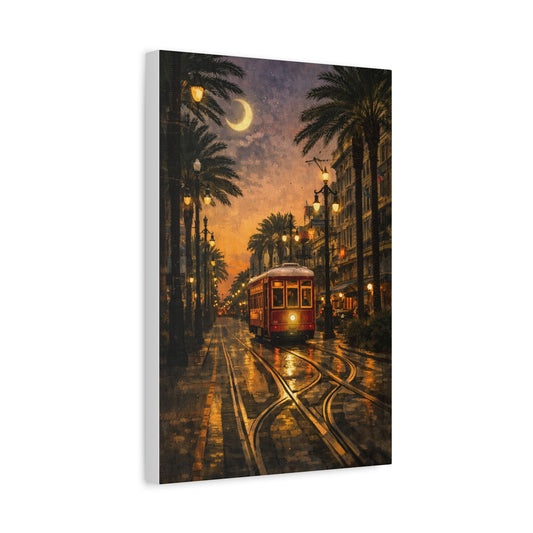 Vintage Streetcar at Dusk Matte Canvas Print