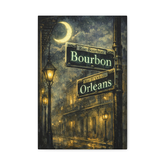 Bourbon Street New Orleans Canvas Wall Art — Rue Bourbon Moonlit Street Sign