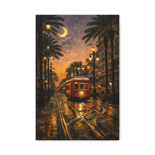 Vintage Streetcar at Dusk Matte Canvas Print
